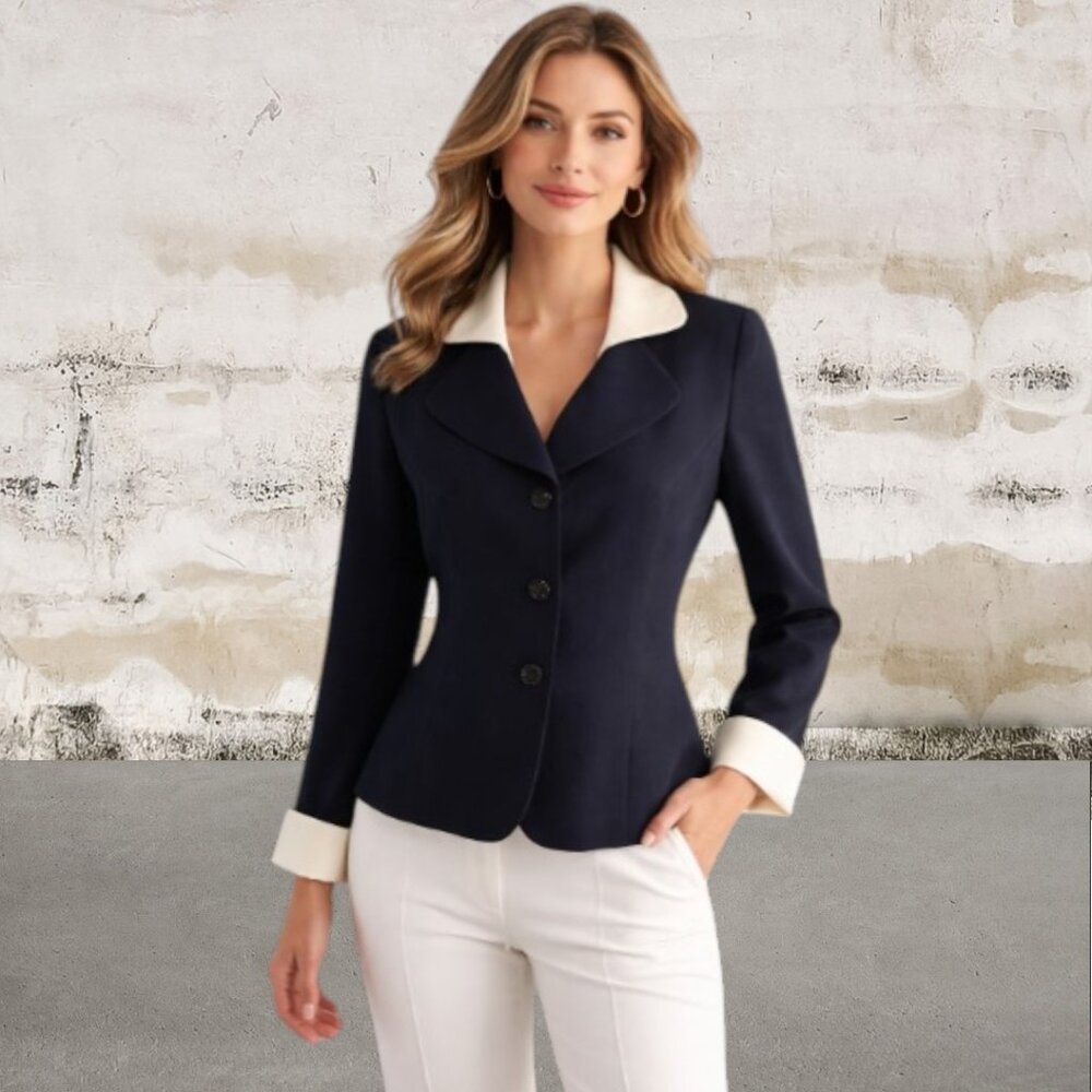 Saville Suit Women's Blue and White Blazer with Structured Lapels Size 10P